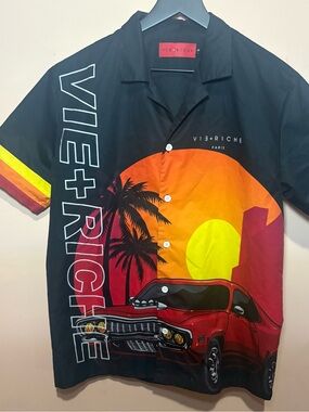 Vie+Riche Paris Graphic Button Up Shirt Sunset Car Mens Small
